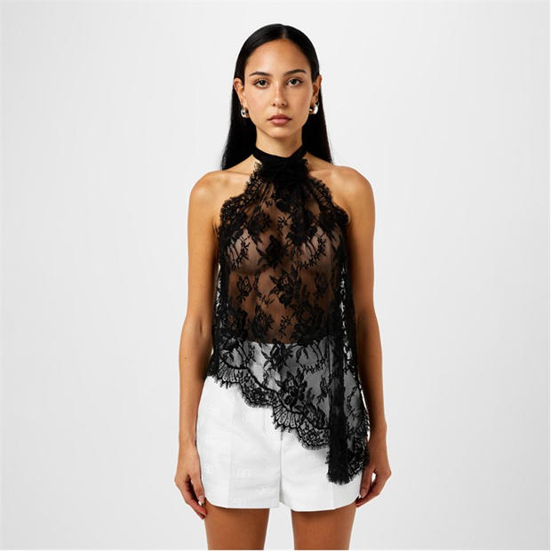 DOLCE AND GABBANA: DOLCE AND GABBANA Asymmetrical Lace Top With Flower Detail On Neck