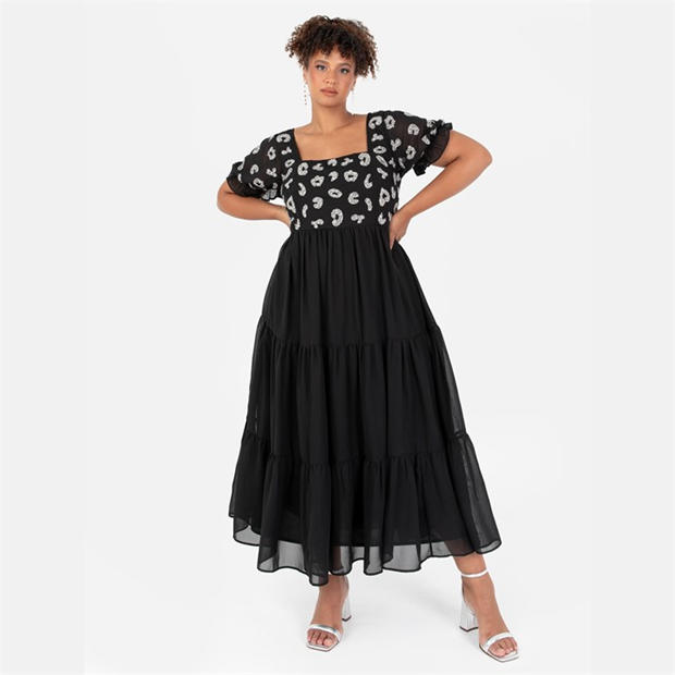 Lovedrobe: Lovedrobe Lovedrobe Luxe Black Square Neck Embellished Midi Dress