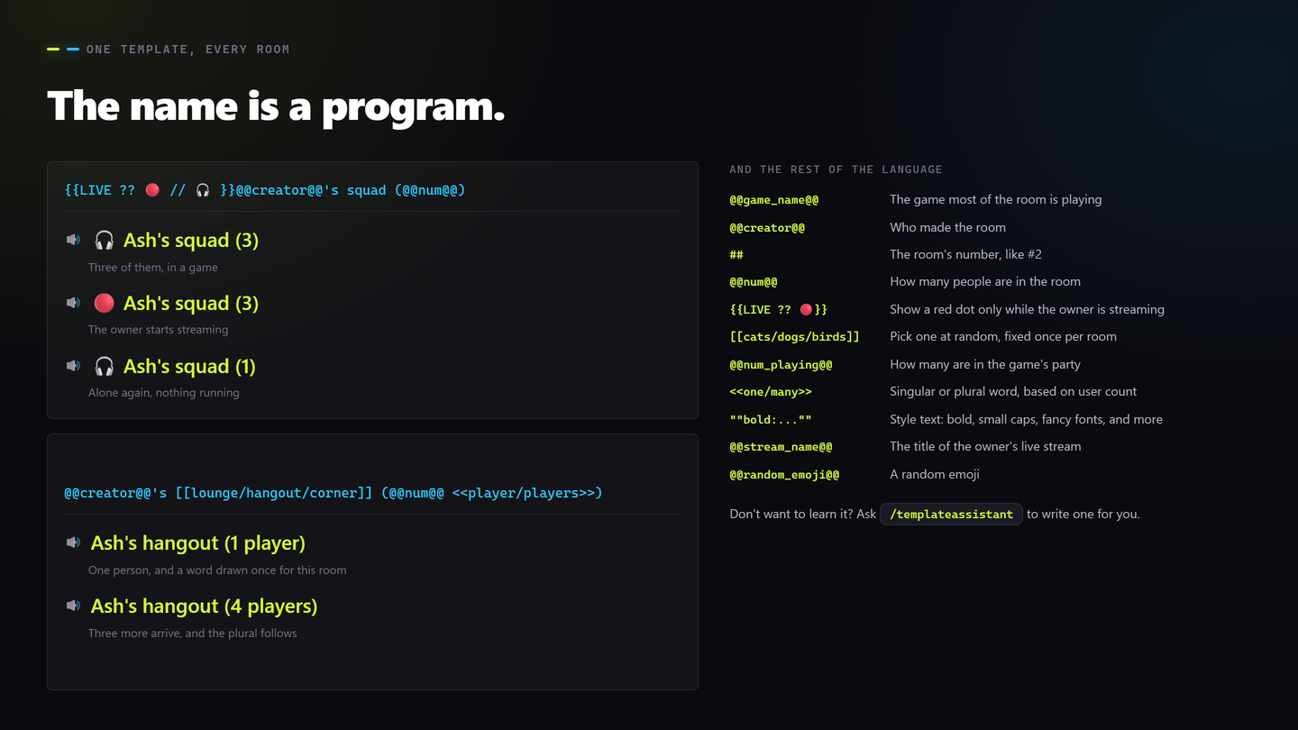 One template, and the four channel names it produces as the room fills up, empties, and the owner starts streaming.