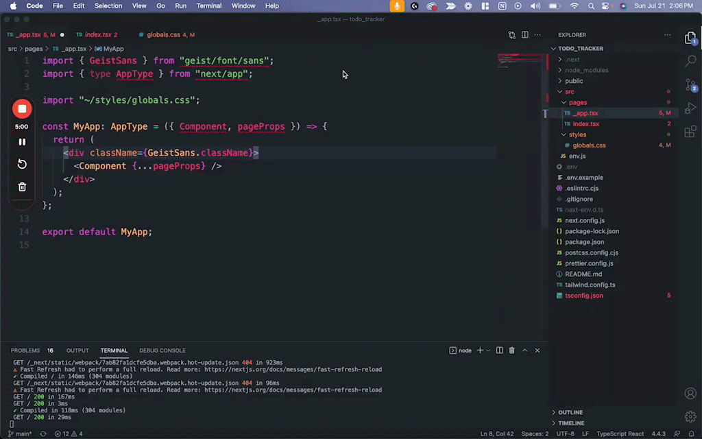 Visual Studio Code - _app.tsx — todo_tracker - 21 July 2024