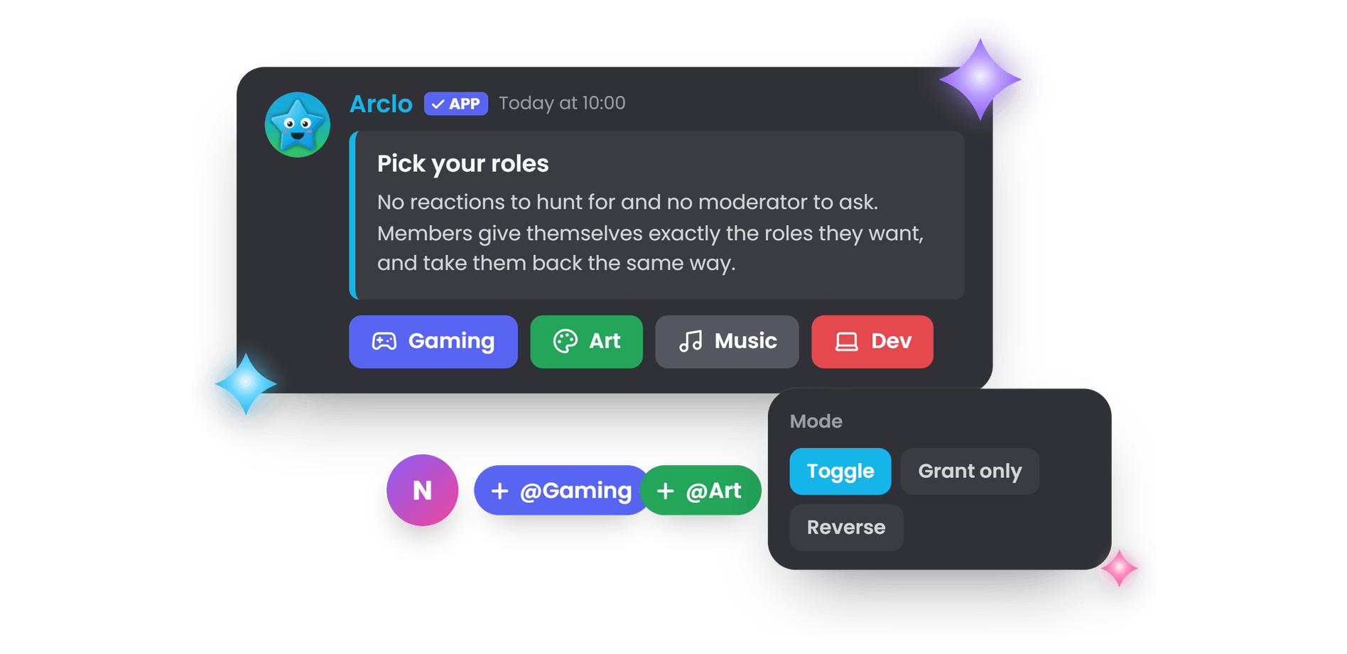 A reaction role panel with buttons, and a member picking up two roles
