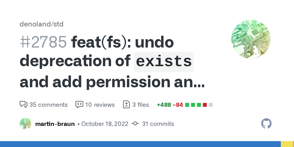feat(fs): undo deprecation of `exists` and add permission and type ...