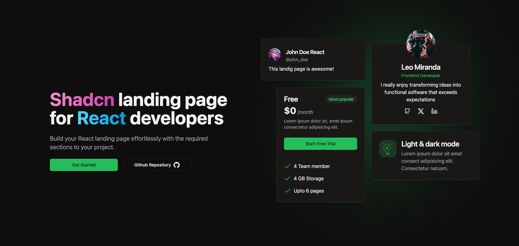 Shadcn/React - Landing template
