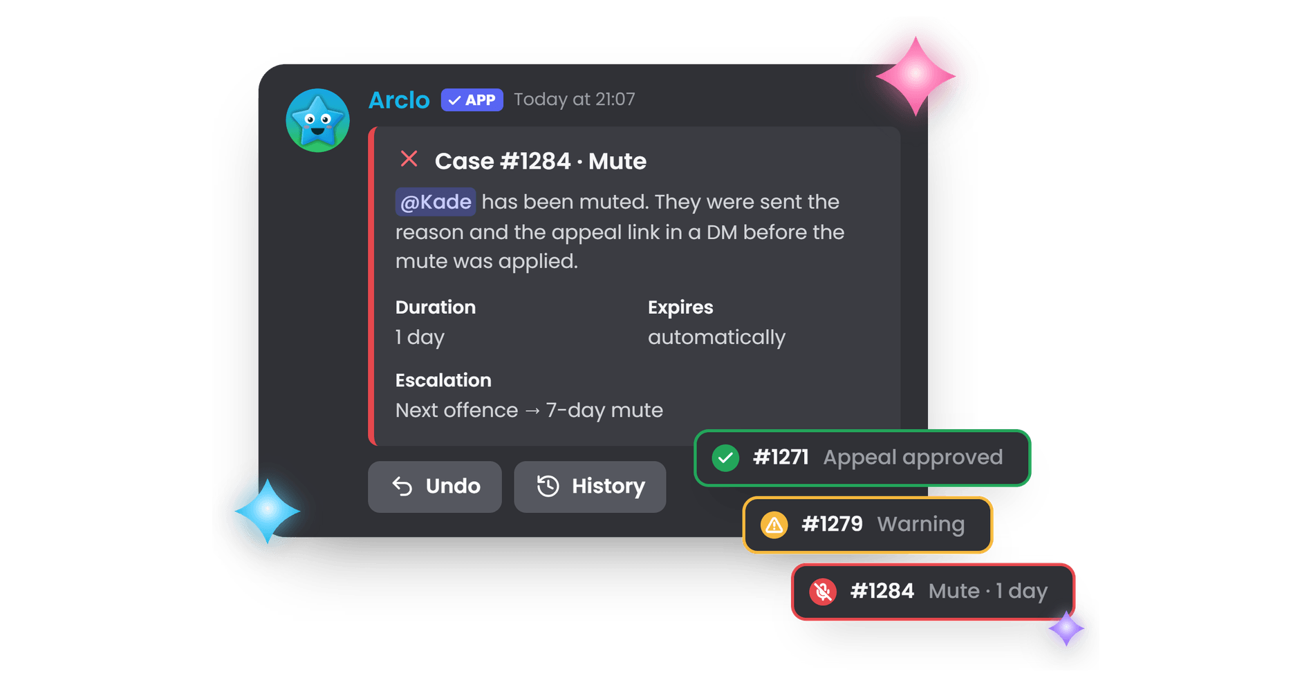 A moderation case opened by Arclo, with the member's earlier cases