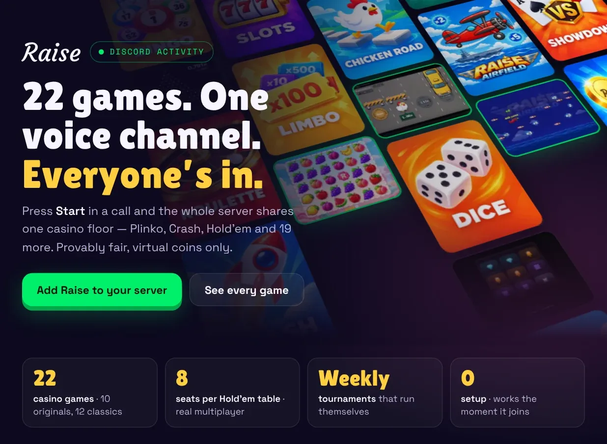 Raise — 22 games. One voice channel. Everyone’s in. A wall of live Raise gameplay.