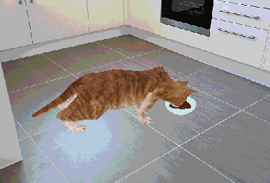 A gif of a low poly orange cat eating out of a bowl. A cucumber is rolled in front of the cat. When they notice it, they jump and their model's verticies scatter in a panicked fashion.