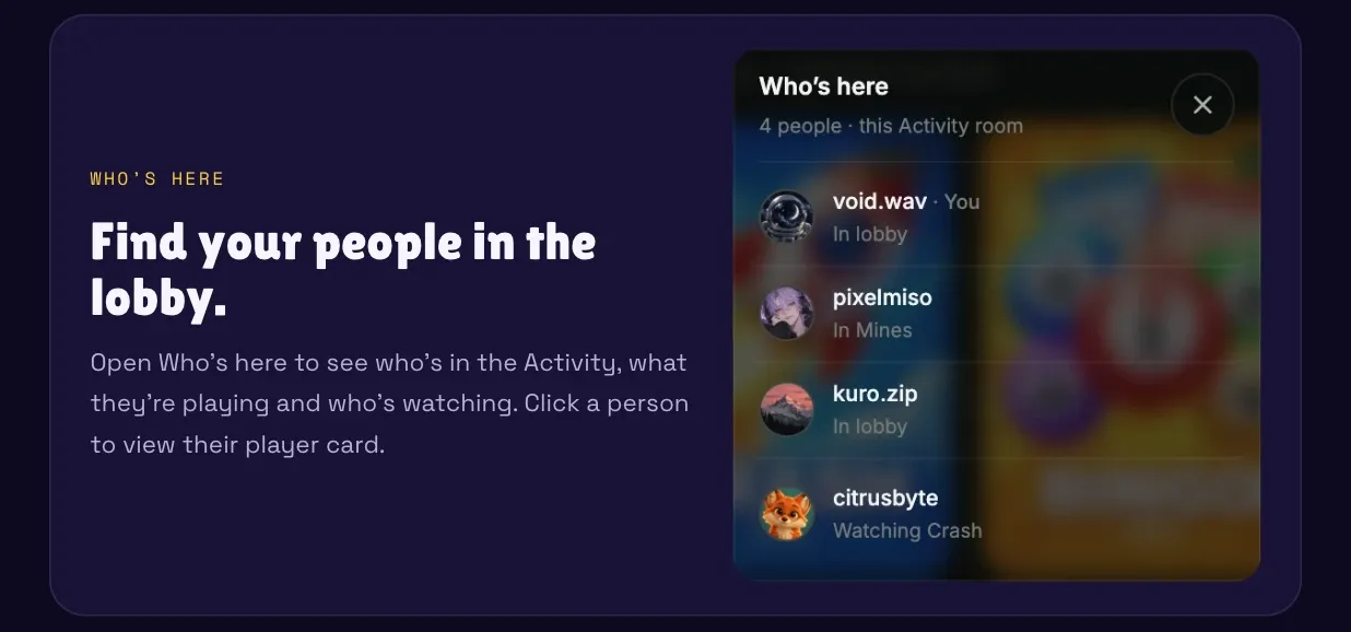 Who’s here in the Raise lobby: see people in the Activity, what they are playing and who is watching.