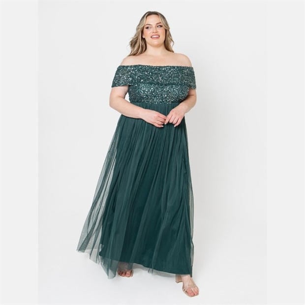 Maya Deluxe: Maya Deluxe Maya Emerald Green Bridesmaid Bardot Embellished Maxi Dress