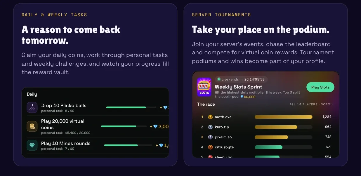 Daily and weekly tasks, and live server tournaments with virtual coin rewards.