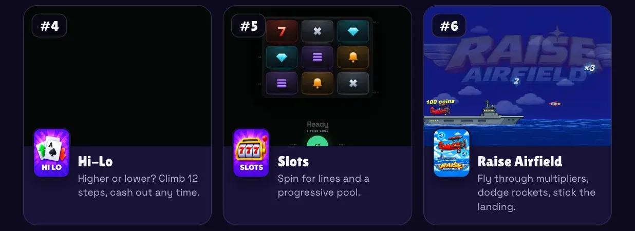 #4 Hi-Lo, #5 Slots, #6 Raise Airfield — animated Activity gameplay.