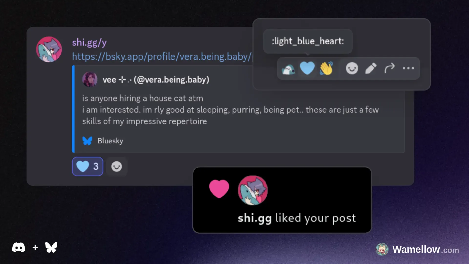 Bridge Bluesky and Discord together! Wamellow let's you like & repost Bluesky posts within Discord, just by reacting with a 🩵-emoji.