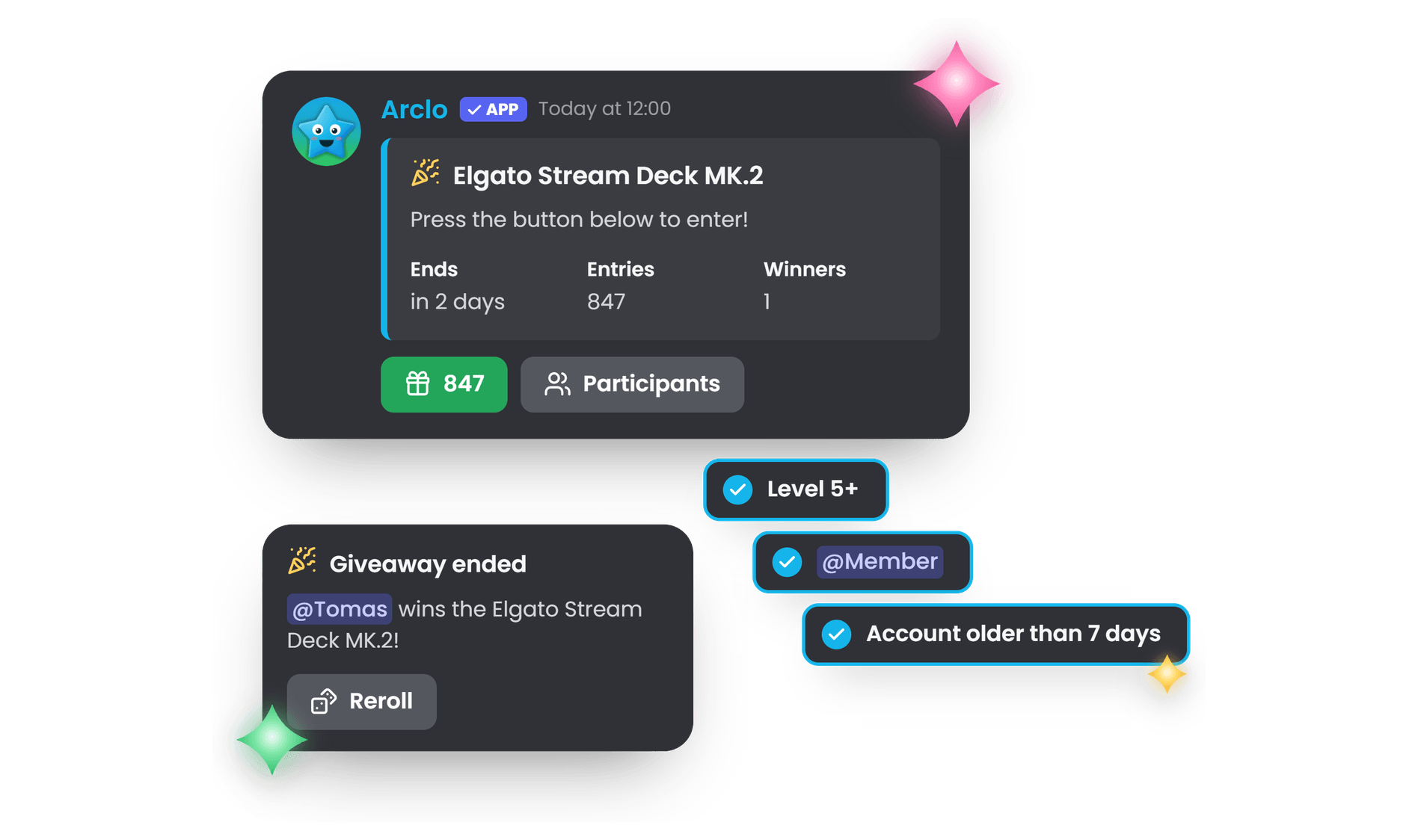 A giveaway with its entry requirements, and the winner announcement