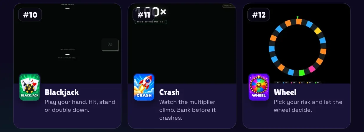 #10 Blackjack, #11 Crash, #12 Wheel — animated Activity gameplay.