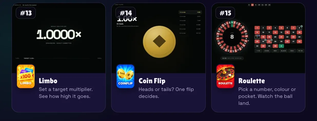 #13 Limbo, #14 Coin Flip, #15 Roulette — animated Activity gameplay.