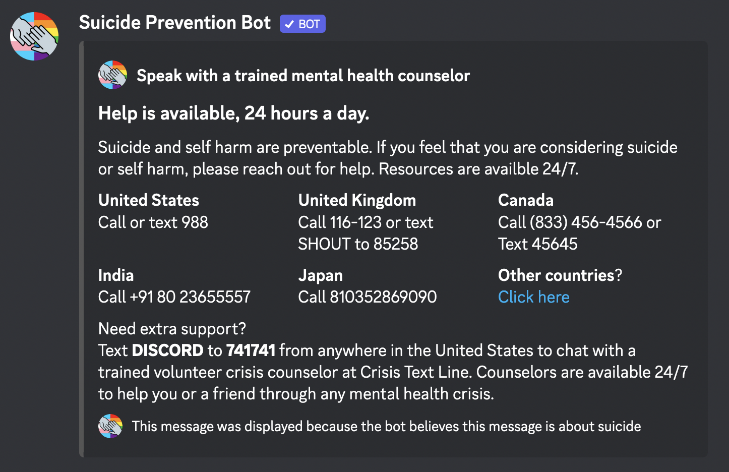 screenshot of embed with suicide lifelines