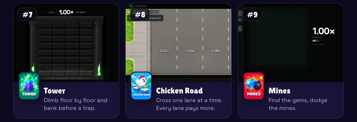 #7 Tower with Castle theme, #8 Chicken Road, #9 Mines — animated Activity gameplay.
