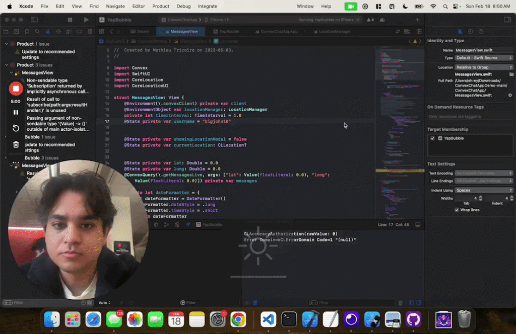 Xcode - YapBubble — MessagesView.swift - 18 February 2024