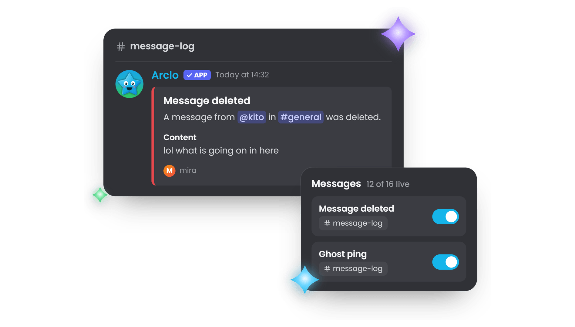 A deleted message logged by Arclo, and the events routed to the log channel
