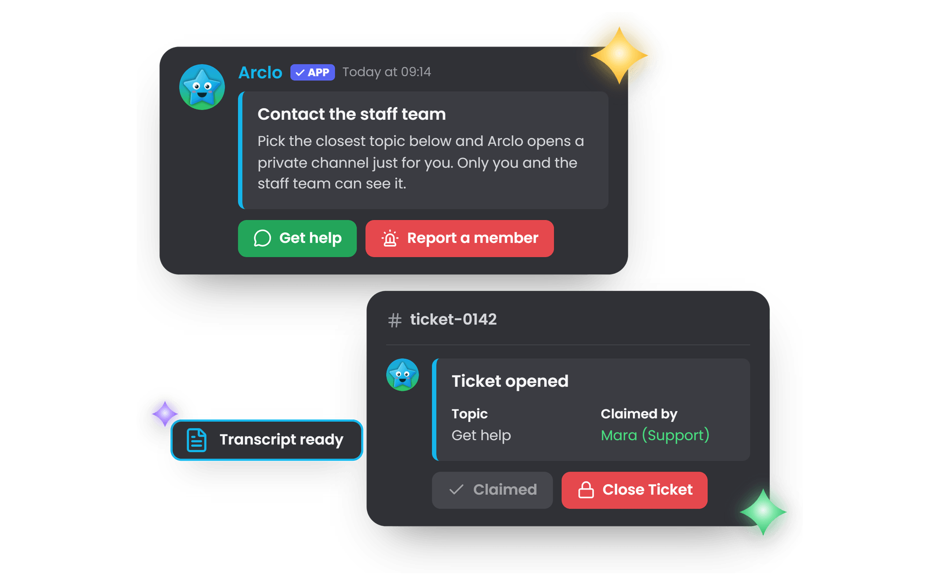 A ticket panel and the private ticket it opened, claimed by staff